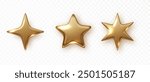 Golden star isolated. Christmas stars of various shapes. Realistic 3d metallic golden design element