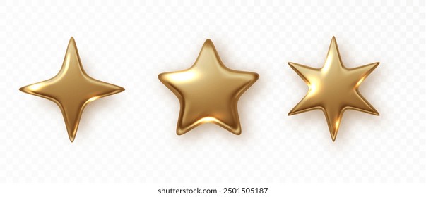 Golden star isolated. Christmas stars of various shapes. Realistic 3d metallic golden design element