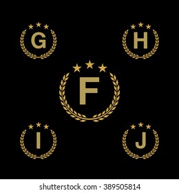 Golden star Laurel wreath logo icon with capital alphabet letters. Design template elements - Letter F, G, H, I, J