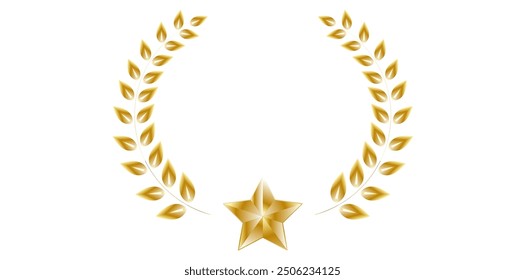 Golden Star With Laurel Wreath On White Background, Symbol Of Winner And Champion Flat Vector Illustration. 

