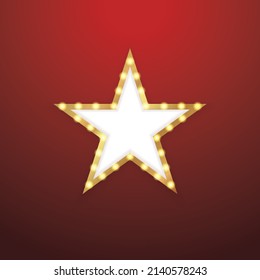 Golden star with light bulbs on red background