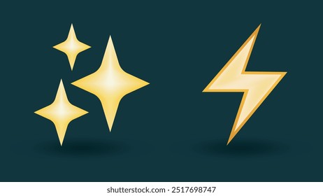 Estrella dorada y el icono del relámpago fijados en el fondo oscuro