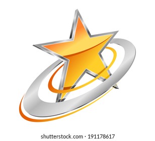 Golden star logo with circular gold and silver orbits for a festive holiday icon or sign of quality design