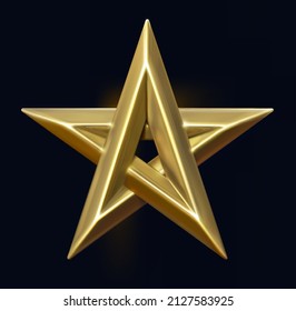 Golden star logo vector on black background. Luxury material metallic 3d pentagram icon. Rating badge or holiday design element