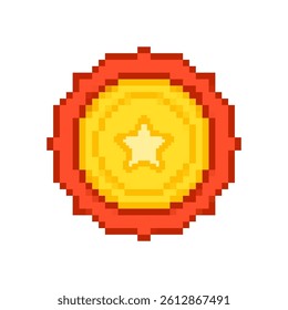 Golden Star Medal Pixelated Icon. Pixel Art Symbol Of Award Medals With Star Design. Isolated Vector Illustration.