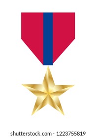 Golden star medal with a ribbon, isolated on white background