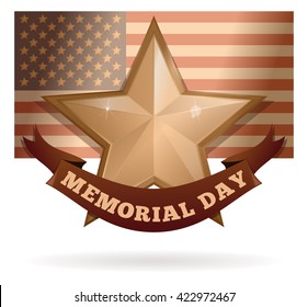 Golden Star on the background of the USA flag. Memorial Day card. Vector illustration