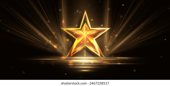 Golden star on black background with lighting effect and sparkle. Luxury template celebration award design. Vector illustration