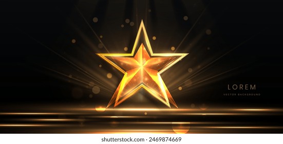 Golden star on black background with lighting effect and sparkle. Luxury template celebration award design. Vector illustration