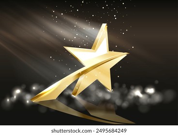 Golden star on black background with lighting effect and sparkle. Luxury template celebration award design. Vector illustration