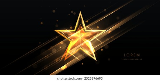 Golden star on black background with lighting effect and sparkle. Luxury template celebration award design. Vector illustration