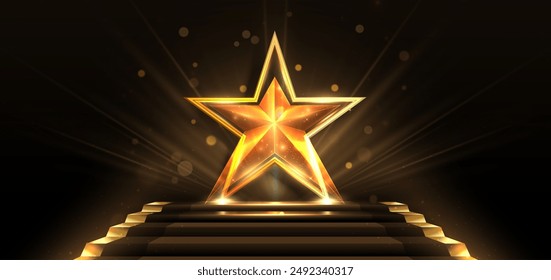 Estrella dorada sobre fondo marrón con efecto de iluminación y brillo. Diseño de premios de celebración de Plantilla de lujo. Ilustración vectorial