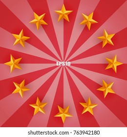 Golden star on red radius background. Vector illustration.