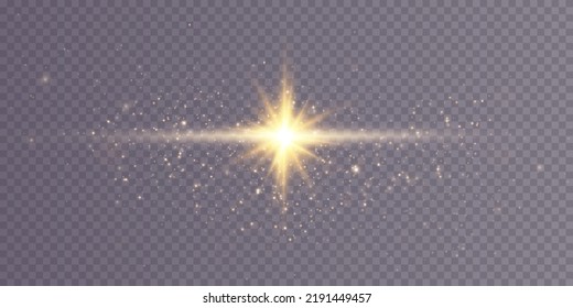 Golden star, on a transparent background, with small sparkles of stars. Starlight, glow effect and rays of light, glowing lights, sun.vector.
