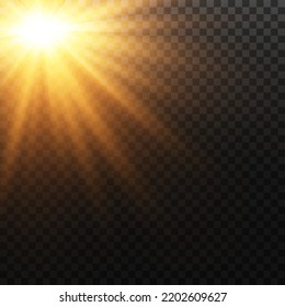 Golden star, on a transparent background, the effect of a hot star. Glow rays of light, glowing lights, sun, vector.
