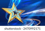 Golden star on a vibrant blue background with swirling lights, perfect for award ceremonies and celebratory events. Vector illustration.