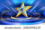Golden star on a vibrant blue background with swirling lights, perfect for award ceremonies and celebratory events. Vector illustration.