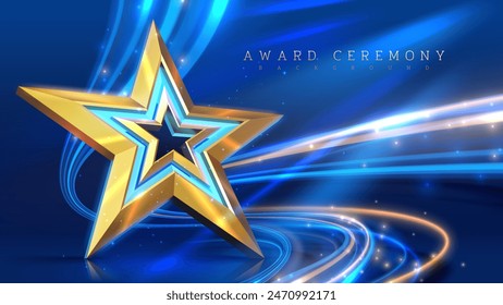 Golden star on a vibrant blue background with swirling lights, perfect for award ceremonies and celebratory events. Vector illustration.