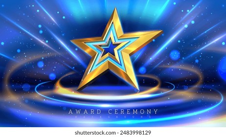 Golden star on a vibrant blue background with swirling lights, perfect for award ceremonies and celebratory events. Vector illustration.