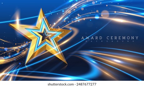 Estrella dorada sobre un vibrante fondo azul con luces giratorias, perfecta para ceremonias de premios y eventos de celebración. Ilustración vectorial.