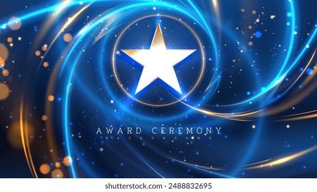 Golden star on a vibrant blue background with swirling lights, perfect for award ceremonies and celebratory events. Vector illustration.