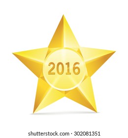 Golden star on white background, New year 2016. Vector.