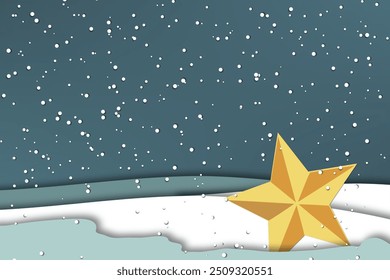 golden star over snowy landscape in blue in papercut style
