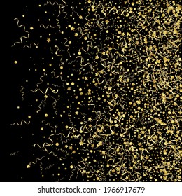 Golden Star Paper Vector Black Background. Decoration Serpentine Branch. Streamer Party Template. Yellow Swirl Plant.