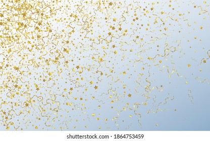 Golden Star Paper Vector Gray Background. Christmas Serpentine Branch. Confetti Swirl Invitation. Yellow Decoration Poster.