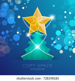 Golden Star with pattern and Christmas tree with bokeh light set illustration isolated on blue gradient background, with copy space