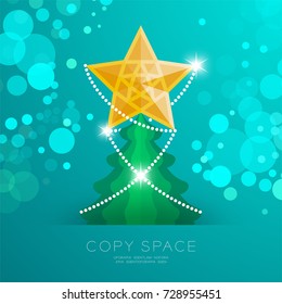 Golden Star with pattern and Christmas tree with bokeh light set illustration isolated on green gradient background, with copy space