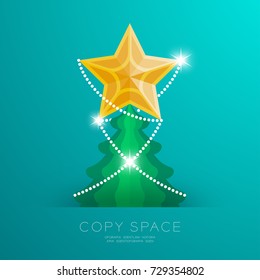 Golden Star with pattern and Christmas tree set illustration isolated on green gradient background, with copy space