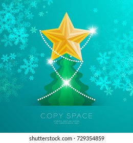 Golden Star with pattern and Christmas tree with snowflake bokeh light set illustration isolated on green gradient background, with copy space