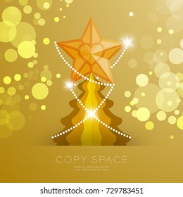 Golden Star with pattern and Christmas tree with bokeh light set illustration isolated on gold gradient background, with copy space