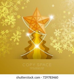 Golden Star with pattern and Christmas tree with snowflake bokeh light set illustration isolated on gold gradient background, with copy space