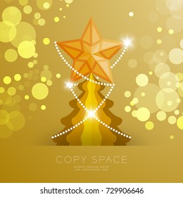 Golden Star with pattern and Christmas tree with bokeh light set illustration isolated on gold gradient background, with copy space