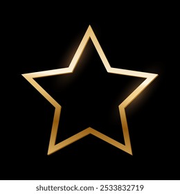 Golden star photo frame on black background. Gold button. Blank space for picture, painting, card. 3d realistic empty template vector illustration. Simple object mockup.