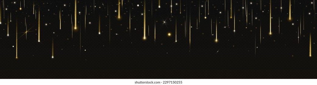 Golden star rain fall on transparent vector background. Abstract comet or meteorite rain in sky with sparkle and dust. Galaxy glitter glow falling with trail effect frame. White stardust border