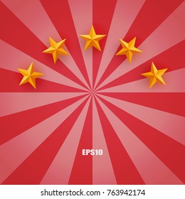 Golden star and red radius background. Vector illustration.