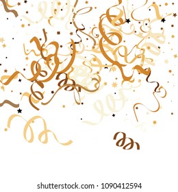 Golden star ribbon confetti. Fallen glitter vector background. Golden geometric stars and ribbons explosion for invitation card. New year, christmas, anniversary celebration template. Fun design.