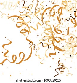 Golden star ribbon confetti. Fallen glitter vector background. Golden geometric stars and ribbons explosion for invitation card. New year, christmas, anniversary celebration template. Fun design.