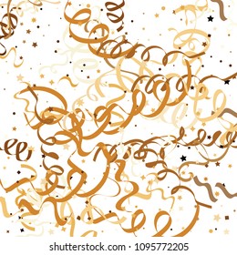 Golden star ribbon confetti. Fallen glitter vector background. Golden geometric stars and ribbons explosion for invitation card. New year, christmas, anniversary celebration template. Fun design.