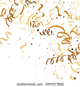Golden star ribbon confetti. Fallen glitter vector background. Golden geometric stars and ribbons explosion for invitation card. New year, christmas, anniversary celebration template. Fun design.