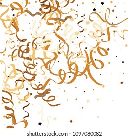 Golden star ribbon confetti. Fallen glitter vector background. Golden geometric stars and ribbons explosion for invitation card. New year, christmas, anniversary celebration template. Fun design.