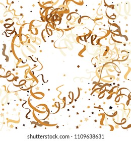 Golden star ribbon confetti. Fallen glitter vector background. Golden geometric stars and ribbons explosion for invitation card. New year, christmas, anniversary celebration template. Fun design.