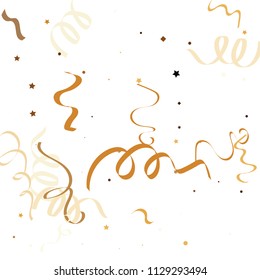 Golden star ribbon confetti. Fallen glitter vector background. Golden geometric stars and ribbons explosion for invitation card. Abstract design celebration template. New year, christmas, fun design.