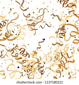 Golden star ribbon confetti. Fallen glitter vector background. Golden geometric stars and ribbons explosion for invitation card. New year, christmas, anniversary celebration template. Fun design.