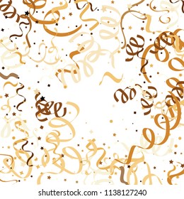 Golden star ribbon confetti. Fallen glitter vector background. Golden geometric stars and ribbons explosion for invitation card. New year, christmas, anniversary celebration template. Fun design.