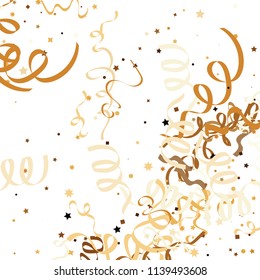 Golden star ribbon confetti. Fallen glitter vector background. Golden geometric stars and ribbons explosion for invitation card. New year, christmas, anniversary celebration template. Fun design.