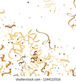 Golden star ribbon confetti. Fallen glitter vector background. Golden geometric stars and ribbons explosion for invitation card. New year, christmas, anniversary celebration template. Fun design.